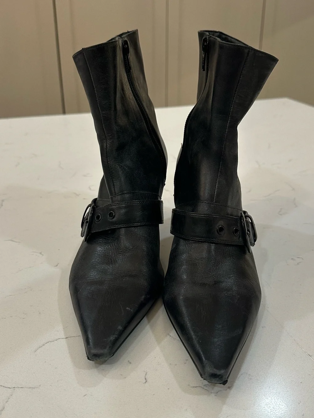 Gianni Bini Black Pointed Leather Ankle Booties with Buckle Strap- 8